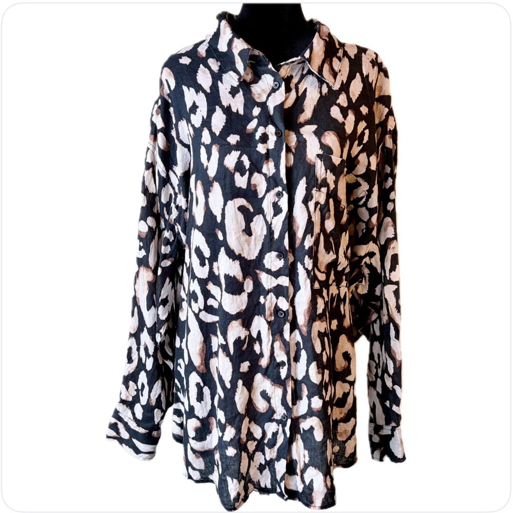 H&M Oversized Leopard Print Button Down Linen Blouse/Tunic